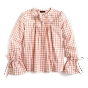 J.Crew Womens XXL Gingham Check Pintuck Blouse Tie Bell Sleeve Peach Preppy